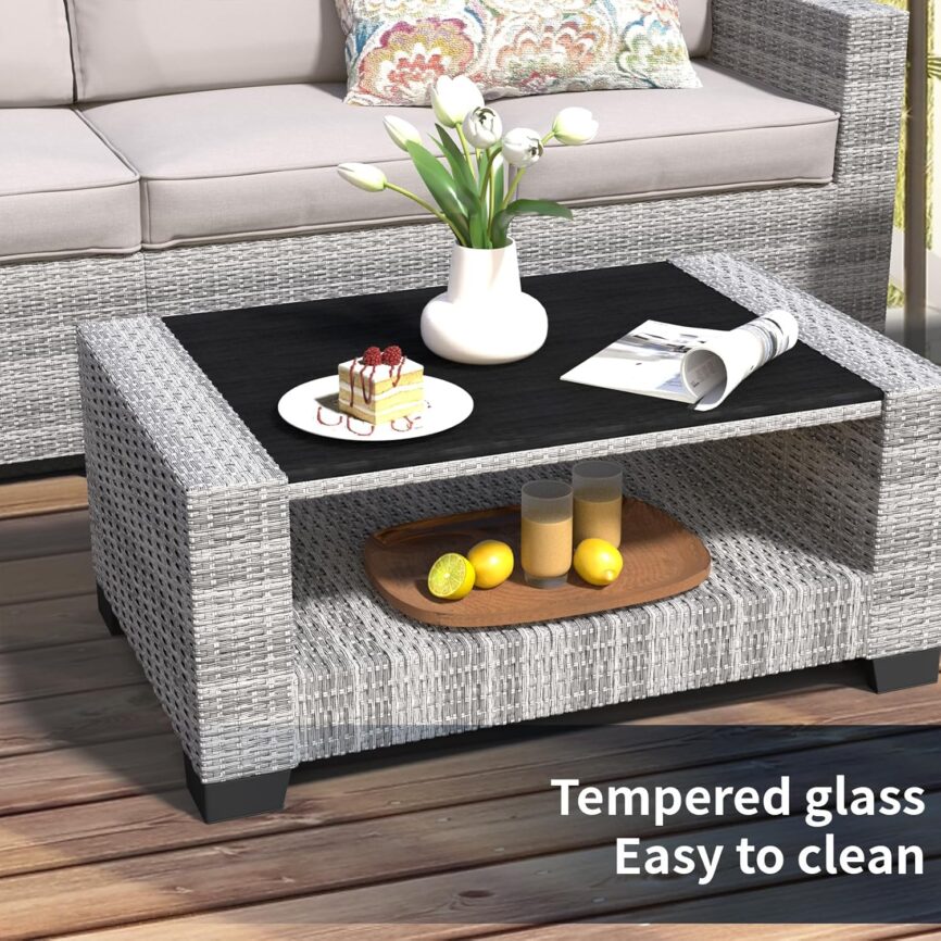 7 Piece Patio Furniture Set, Wicker Outdoor Sectional Sofa with Washable Cushion Covers and Tempered Glass Table, Rattan Conversation Set for Poolside, Lawn, Balcony (Beige, Gray-white Rattan)