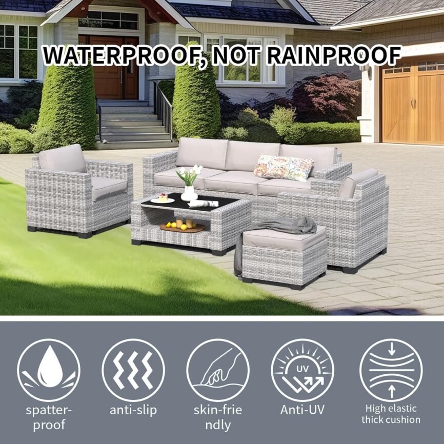 7 Piece Patio Furniture Set, Wicker Outdoor Sectional Sofa with Washable Cushion Covers and Tempered Glass Table, Rattan Conversation Set for Poolside, Lawn, Balcony (Beige, Gray-white Rattan)