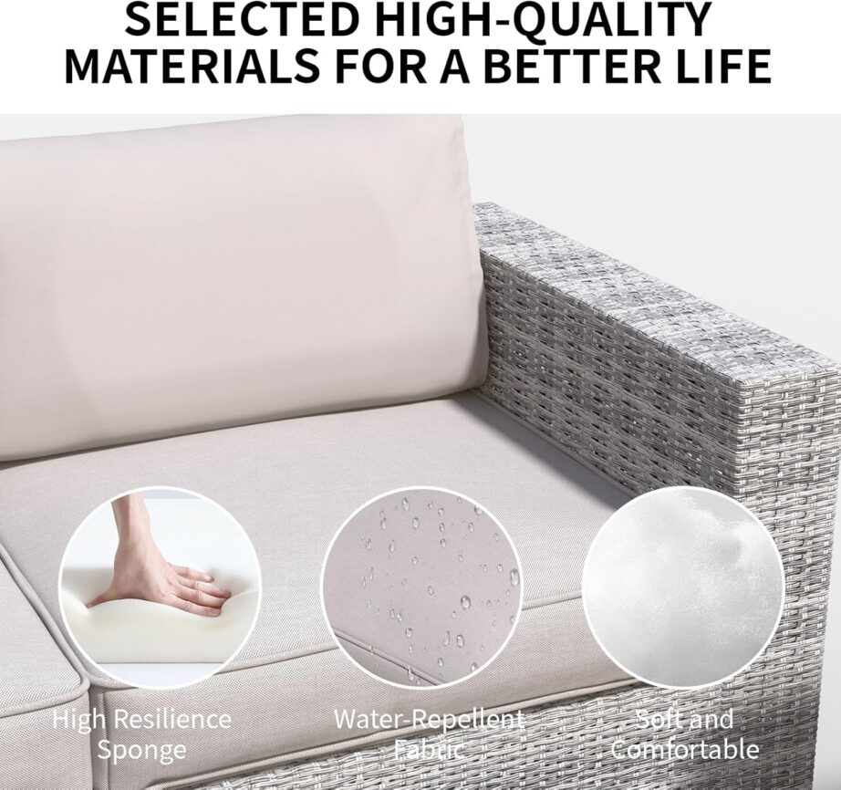 7 Piece Patio Furniture Set, Wicker Outdoor Sectional Sofa with Washable Cushion Covers and Tempered Glass Table, Rattan Conversation Set for Poolside, Lawn, Balcony (Beige, Gray-white Rattan)