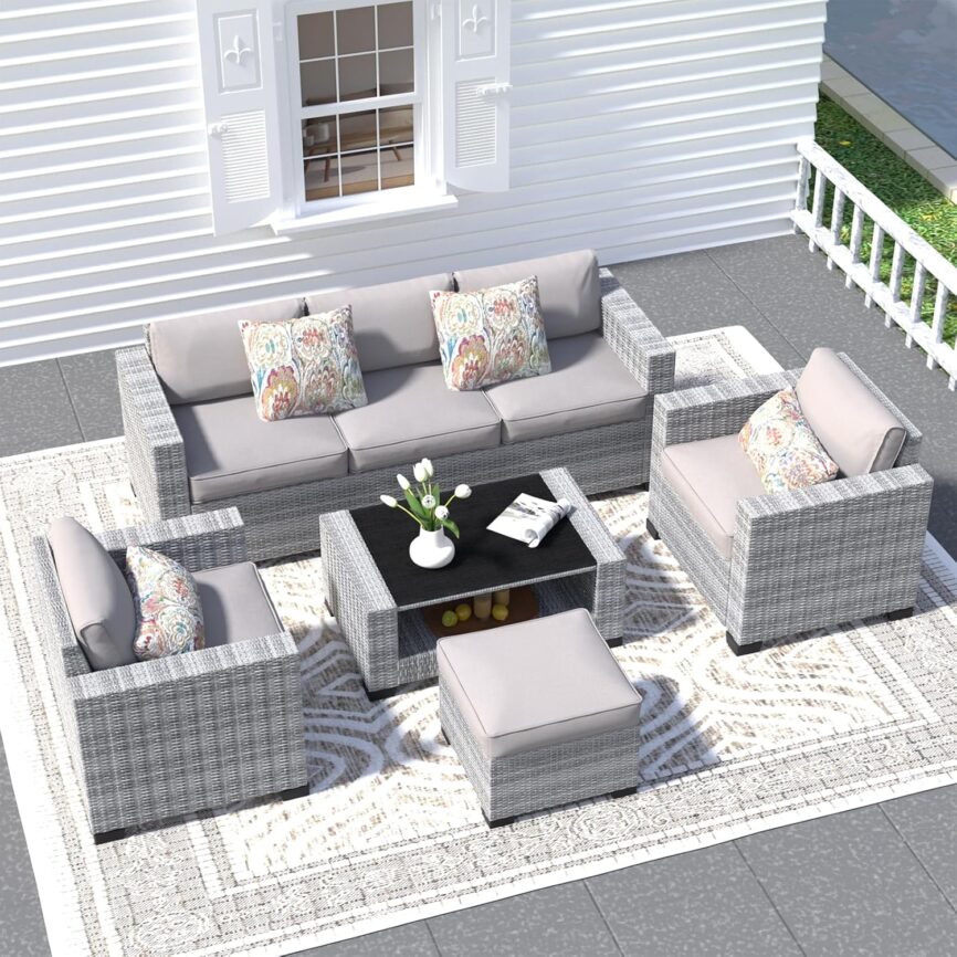 7 Piece Patio Furniture Set, Wicker Outdoor Sectional Sofa with Washable Cushion Covers and Tempered Glass Table, Rattan Conversation Set for Poolside, Lawn, Balcony (Beige, Gray-white Rattan)