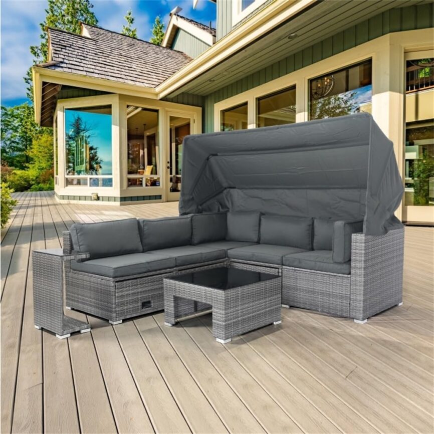 7-Piece Patio Furniture Set W/Retractable Canopy Wicker Rattan Sectional Sofa Set Patio Furniture with for Lawn