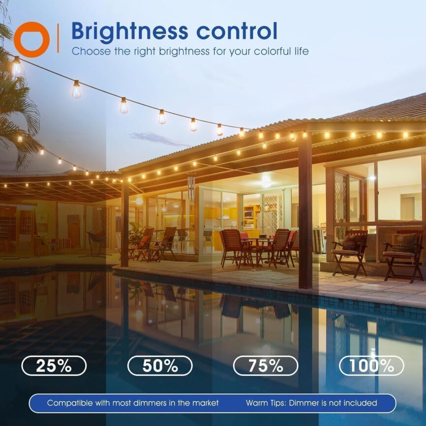 addlon 100FT(50FT*2) LED Outdoor String Lights Waterproof Patio Lights with 32 Shatterproof ST38 Replaceable Bulbs(2 Spare), Dimmable Outside Hanging Light Connectable for Porch, Backyard, 2200K