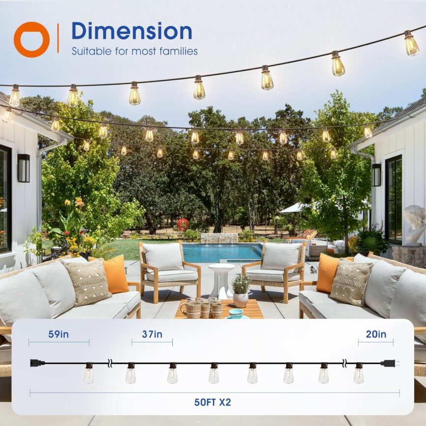 addlon 100FT(50FT*2) LED Outdoor String Lights Waterproof Patio Lights with 32 Shatterproof ST38 Replaceable Bulbs(2 Spare), Dimmable Outside Hanging Light Connectable for Porch, Backyard, 2200K