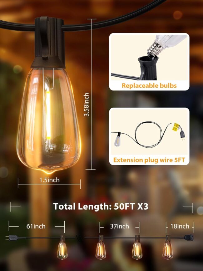 addlon 150 FT (3x50FT) Outdoor String Lights,Waterproof Patio Lights ETL Listed with 45+3 Shatterproof Dimmable ST38 LED Bulbs,2200K Connectable Outdoor Lighting for Backyard Bistro Garden