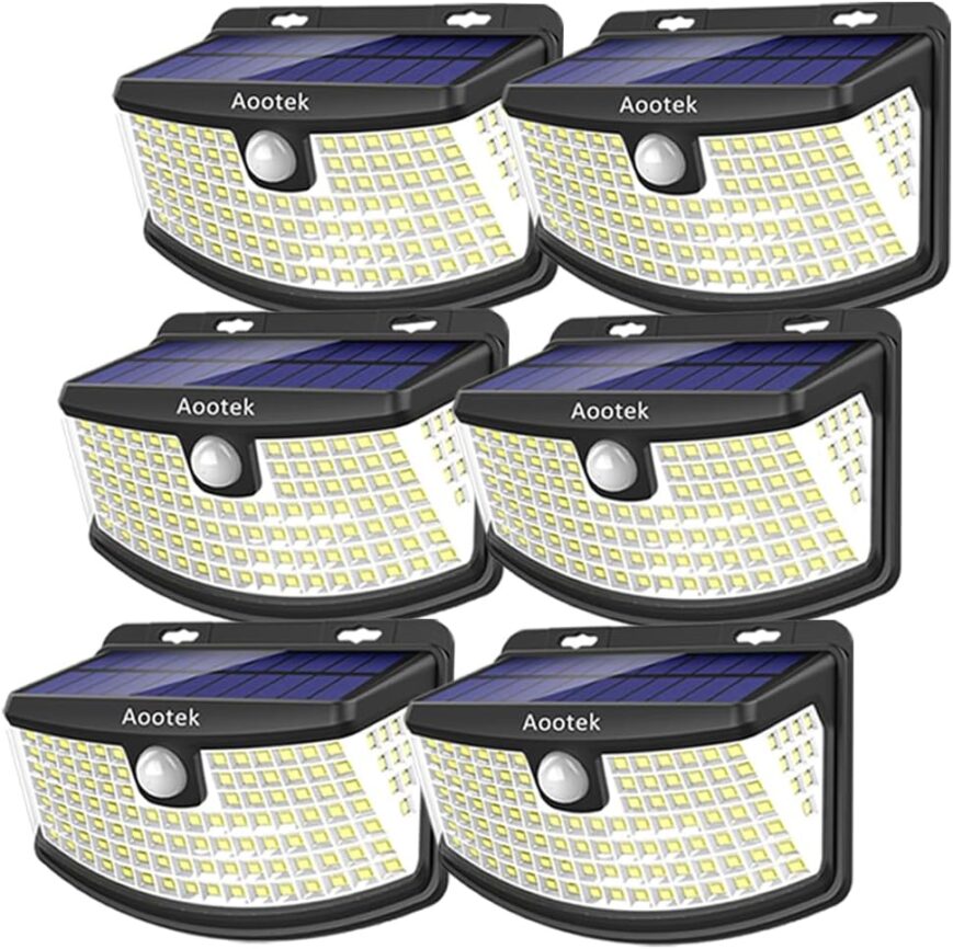 Aootek New Solar Motion Sensor Lights 120 LEDs with Lights Reflector,270° Wide Angle, IP65 Waterproof, Step Lights for Front Door, Yard, Garage, Deck (Back Button 4-Pack)