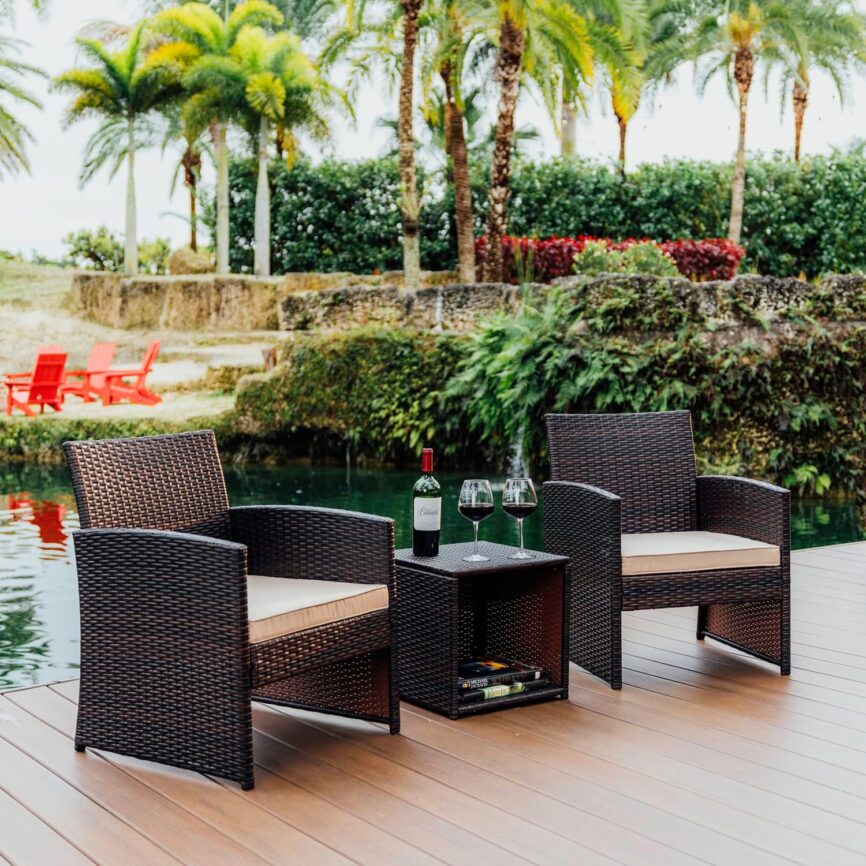 Nestl Wicker Outdoor Furniture Set - 3 Piece Patio Bistro Set (Brown/Beige)