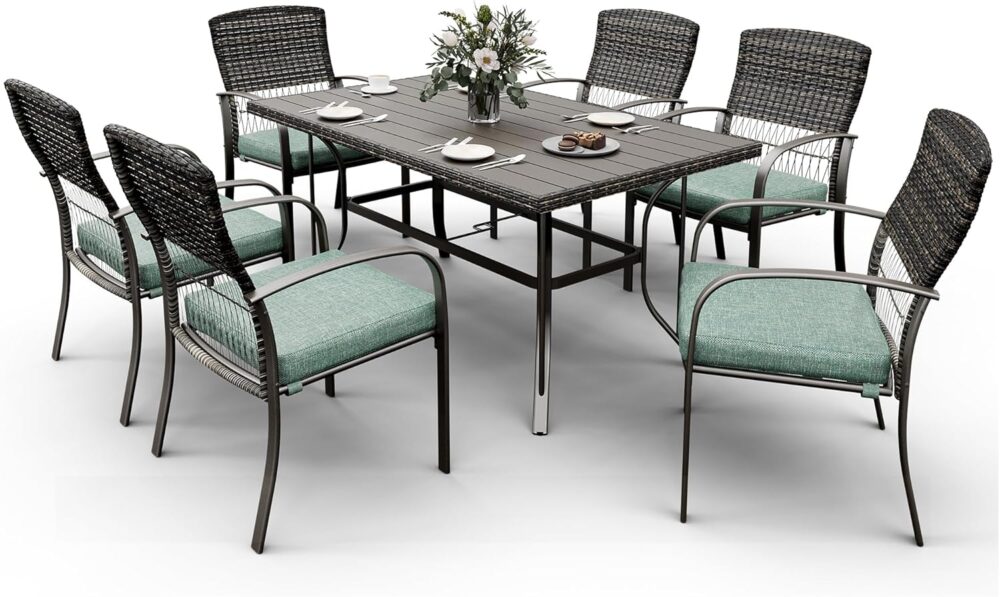 Pamapic 7 Piece Patio Dining Set for 6,Wicker Outdoor Furniture Set for Backyard Garden Deck Poolside with Iron Slats Table Top,4 Dining Chairs and 2 Swivel Rockers,Removable Cushions(Gray)