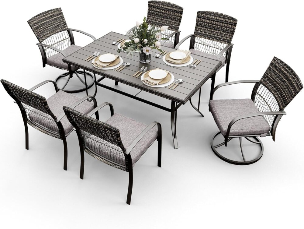 Pamapic 7 Piece Patio Dining Set for 6,Wicker Outdoor Furniture Set for Backyard Garden Deck Poolside with Iron Slats Table Top,4 Dining Chairs and 2 Swivel Rockers,Removable Cushions(Gray)