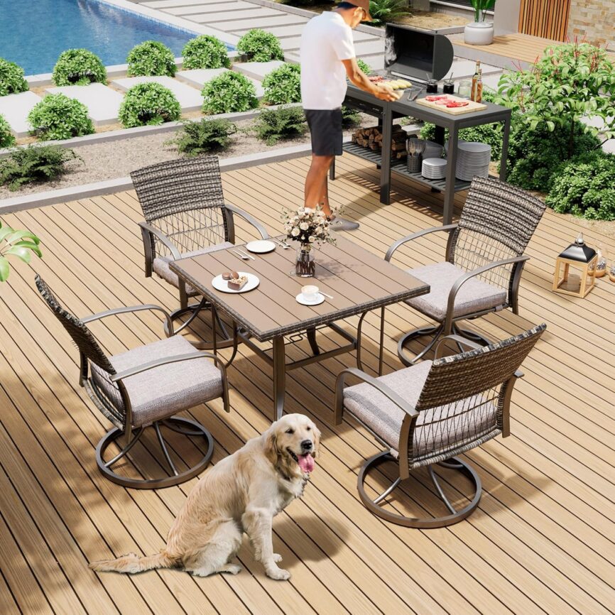 Pamapic 7 Piece Patio Dining Set for 6,Wicker Outdoor Furniture Set for Backyard Garden Deck Poolside with Iron Slats Table Top,4 Dining Chairs and 2 Swivel Rockers,Removable Cushions(Gray)
