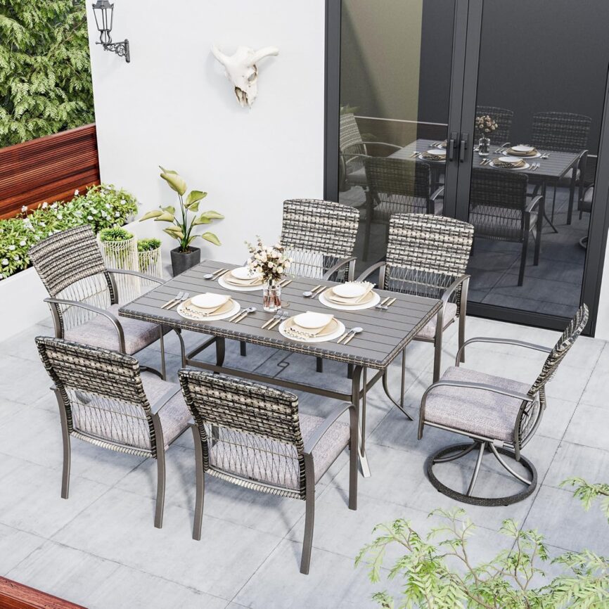 Pamapic 7 Piece Patio Dining Set for 6,Wicker Outdoor Furniture Set for Backyard Garden Deck Poolside with Iron Slats Table Top,4 Dining Chairs and 2 Swivel Rockers,Removable Cushions(Gray)