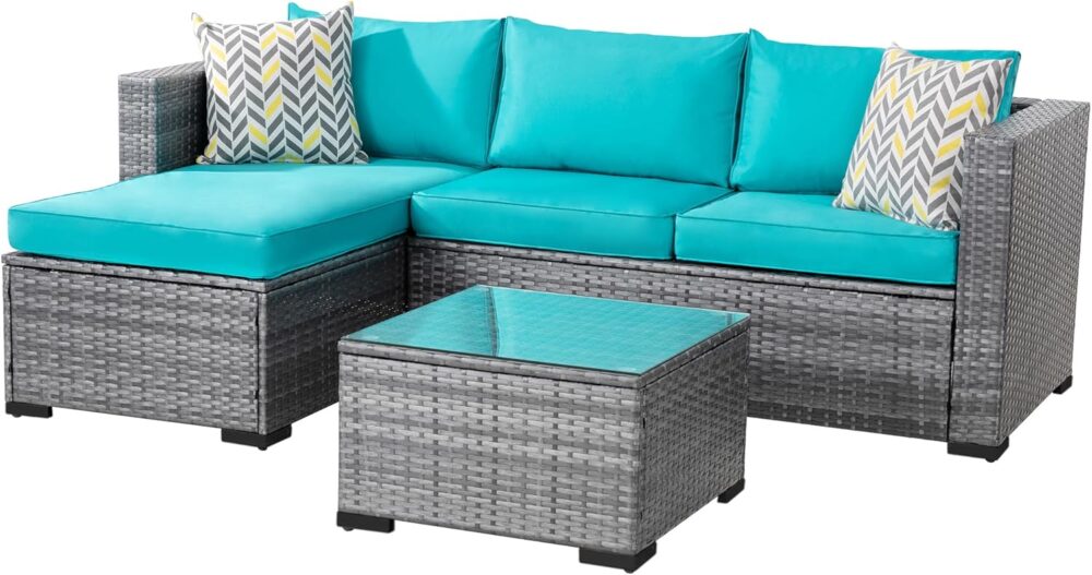 Shintenchi 3 Pieces Patio Furniture Set,All-Weather Rattan Patio Conversation Set,Outdoor Sectional Silver Wicker Patio Couch with Washable Cushions and Glass Coffee Table(Blue)