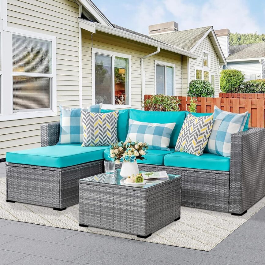 Shintenchi 3 Pieces Patio Furniture Set,All-Weather Rattan Patio Conversation Set,Outdoor Sectional Silver Wicker Patio Couch with Washable Cushions and Glass Coffee Table(Blue)