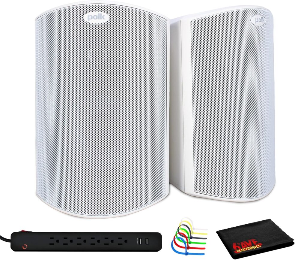 Polk Audio Atrium4 All-Weather Outdoor Speakers Bundle (White) Including: Surge Protector, Cable Ties, Fiber Cloth