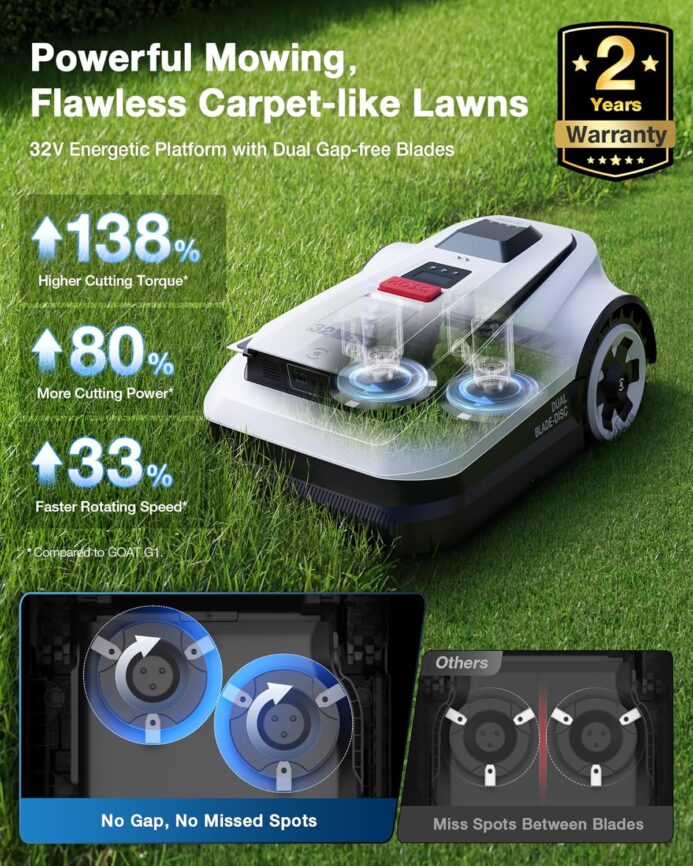 ECOVACS Goat O1000 RTK Robot Lawn Mower, Perimeter Wire Free Vision Robotic Lawnmower for 1/4 Acres Lawn, Automated Mapping, APP Control, 3D Obstacle Avoidance, Zero-Edge Cutting