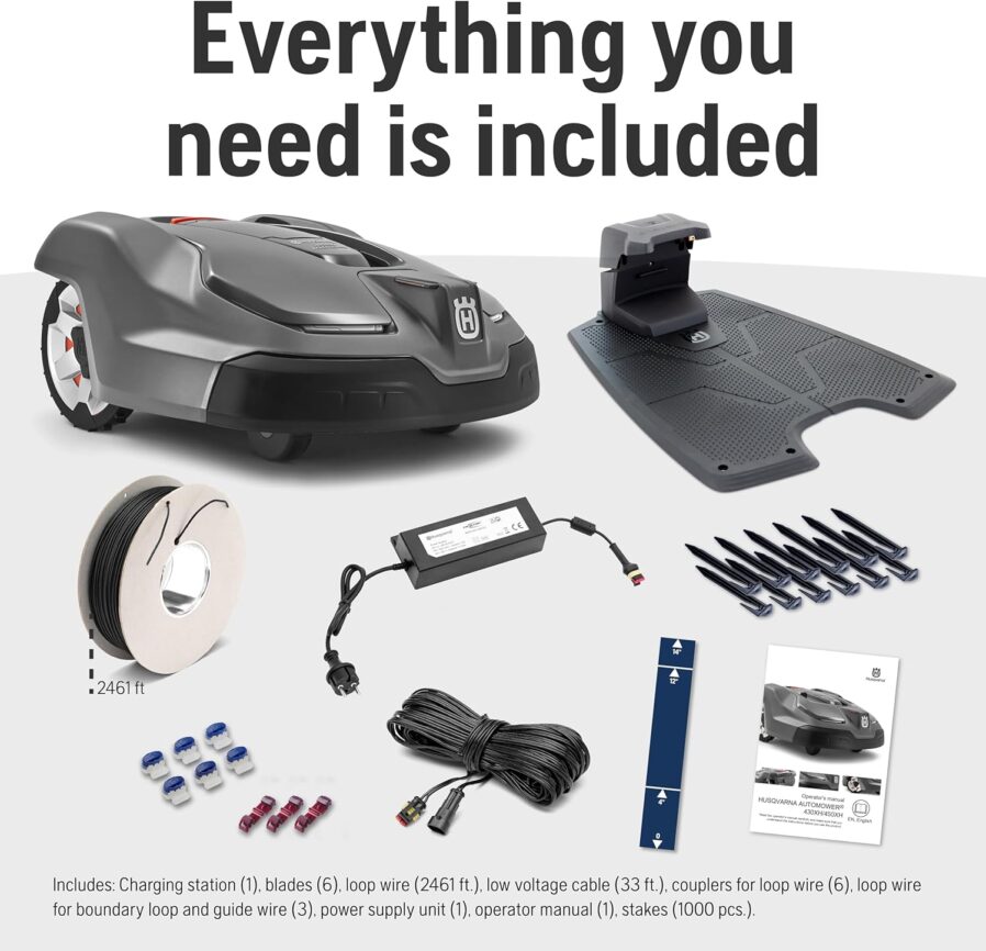 Husqvarna 410iQ Automower Robotic Mower, 0.5 Acre Mowing Capacity, Wire Free Robot Lawn Mower with Charging Station, RS1 EPOS Reference Station and Replacement Blades, 970727401