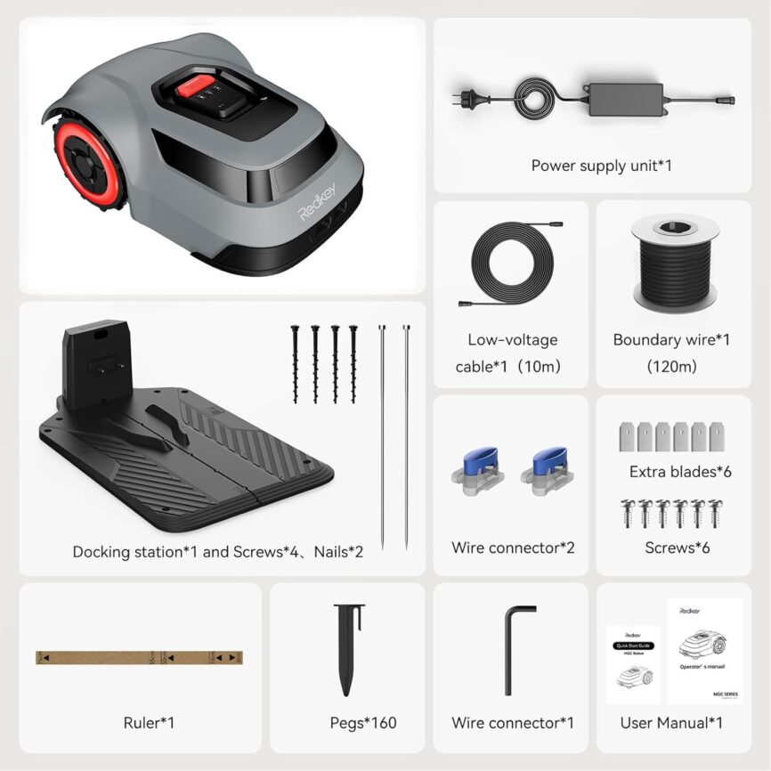 MGC500 Robot Lawn Mower with 393ft Boundary Wires for 0.12 Acre (1/8 Acre), 45% Slope, 70Mins Runtime, Auto Recharge, Automatic Robotic Lawn Mower w/Precise Location  Breakpoint Detection