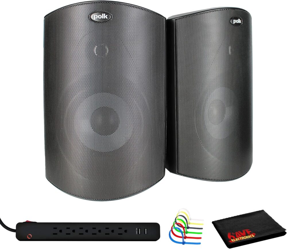 Polk Audio Atrium4 All-Weather Indoor/Outdoor Speakers Bundle Including: Surge Protector, Cable Ties, Fiber Cloth
