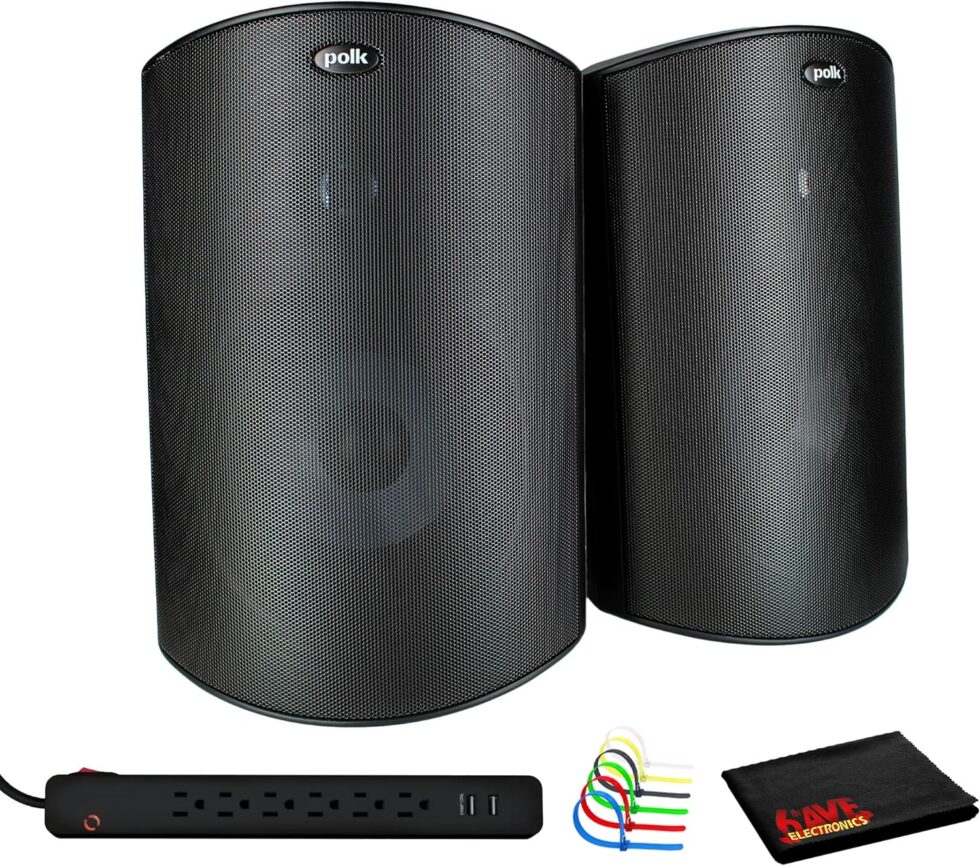Polk Audio Atrium4 All-Weather Indoor/Outdoor Speakers Bundle Including: Surge Protector, Cable Ties, Fiber Cloth
