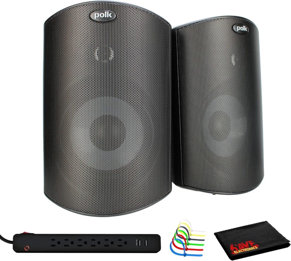Polk Audio Atrium4 All-Weather Indoor/Outdoor Speakers Bundle Including: Surge Protector, Cable Ties, Fiber Cloth