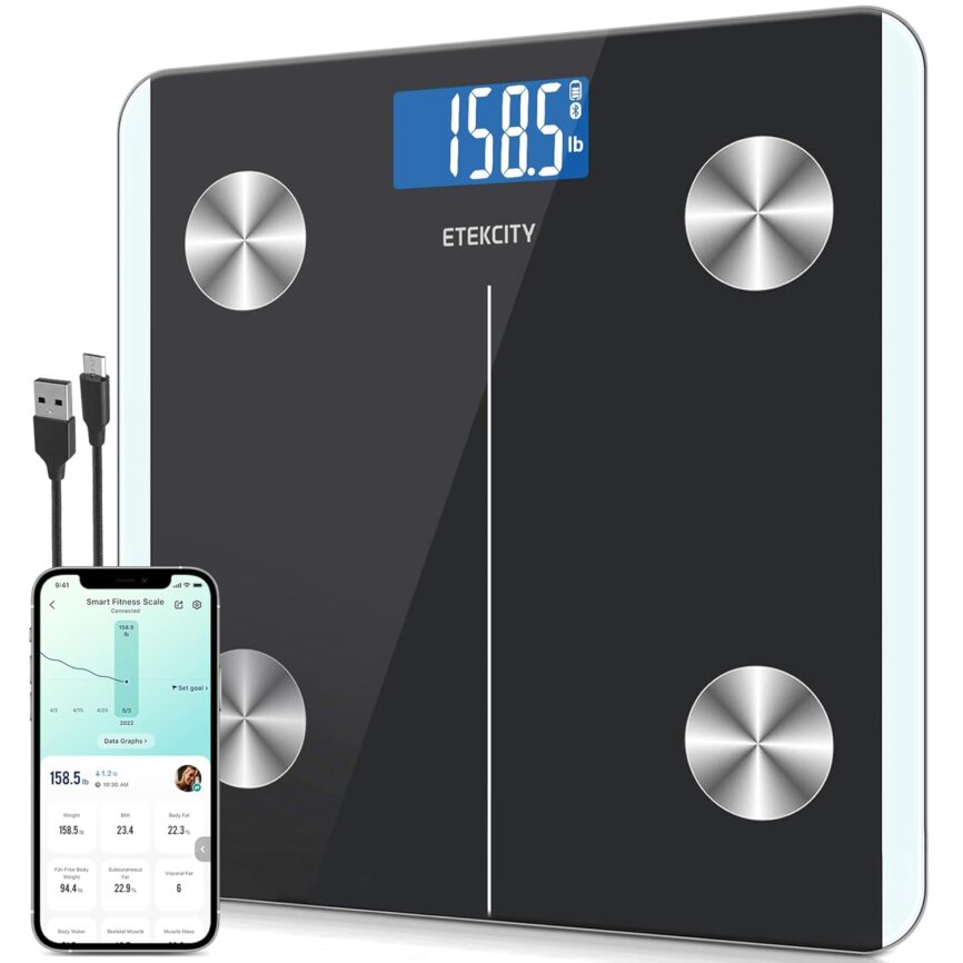 Etekcity Smart Rechargeable Body Fat Scale, Digital Bathroom Scale for Body Weight and Muscle, Accurate Weighing Machine for People Sync with Smartphone App, 400lb, Black