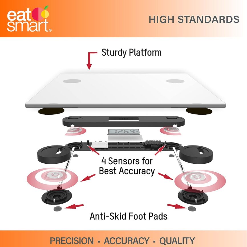 EatSmart Precision Plus Digital Bathroom Scale, 440 lb Capacity, Ultra-Wide Platform with Step-On Technology, Accurate Body Weight Scale, Grey