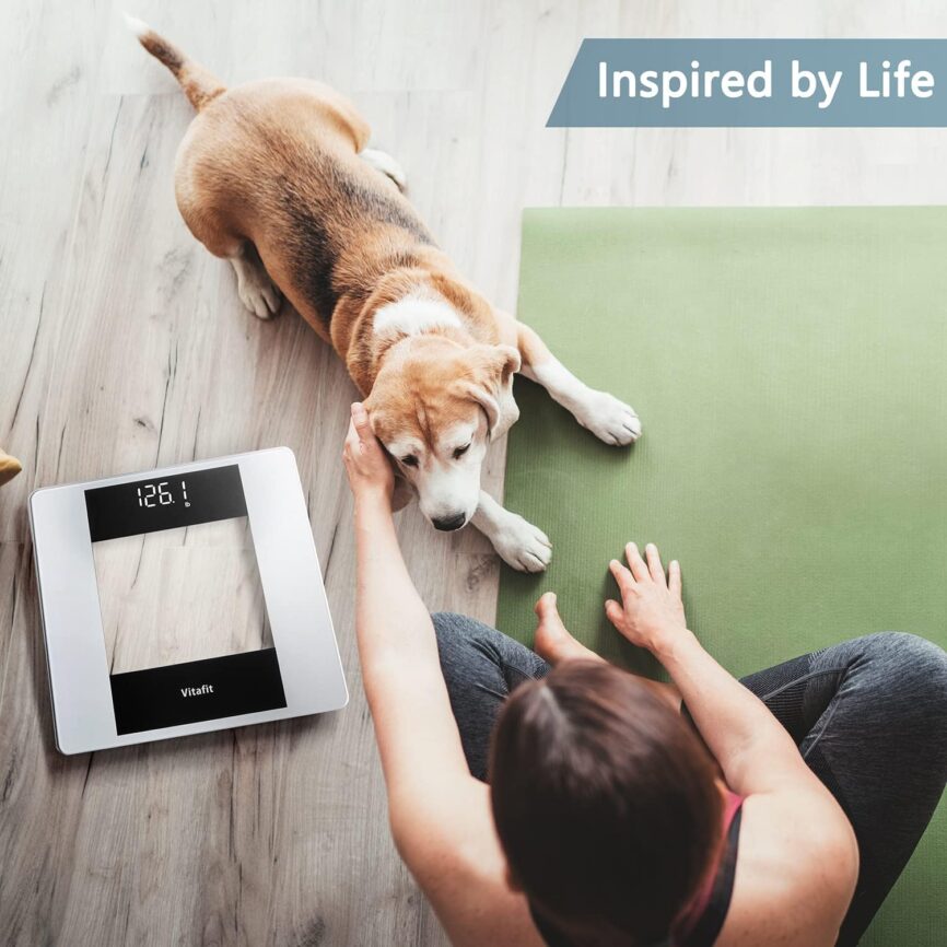Vitafit Digital Bathroom Scale for Body Weight, Weighing Professional Since 2001, Clear LED Display and Step-On, 3*AAA Batteries Included, 400lb/182kg, Spray Silver Black