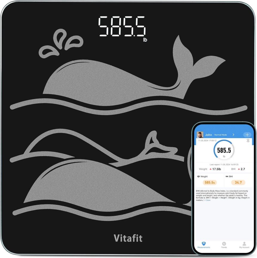 Vitafit Digital Bathroom Scale for Body Weight, Weighing Professional Since 2001, Clear LED Display and Step-On, 3*AAA Batteries Included, 400lb/182kg, Spray Silver Black