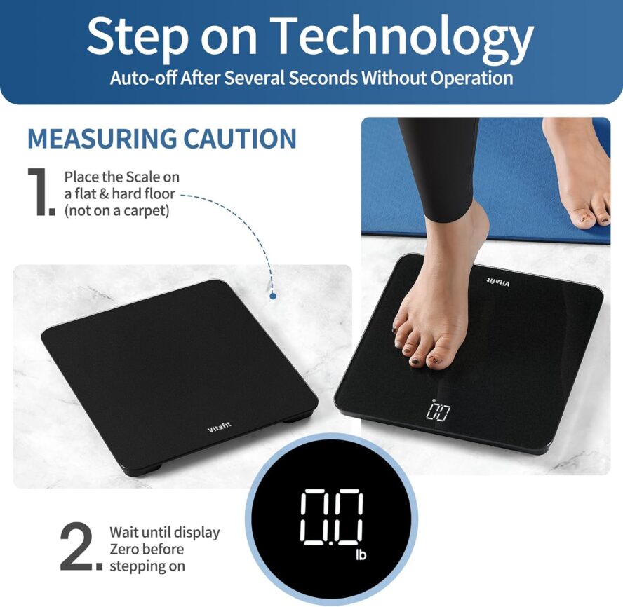 Vitafit Digital Bathroom Scale for Body Weight, Weighing Professional Since 2001, Clear LED Display and Step-On, 3*AAA Batteries Included, 400lb/182kg, Spray Silver Black