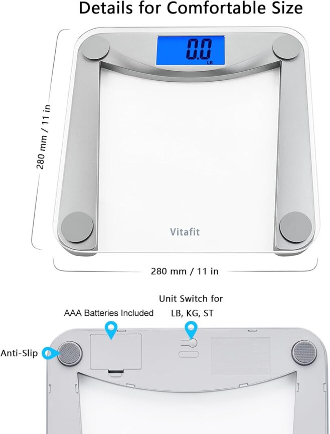 Vitafit Digital Bathroom Weight Scale for Body Weight, High Accuracy Assured by Weighing Professional Since 2001,Extra Large Blue Backlit LCD and Step-On, 400lb/182kg, Clear Glass