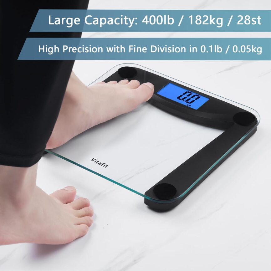 Vitafit Digital Bathroom Weight Scale for Body Weight, High Accuracy Assured by Weighing Professional Since 2001,Extra Large Blue Backlit LCD and Step-On, 400lb/182kg, Clear Glass