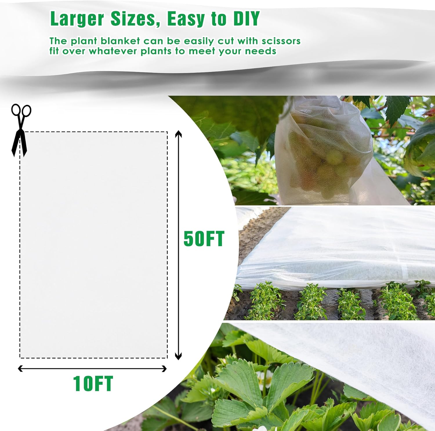 10 FT x 50 FT Plant Covers for Frost  Sun Protection, Thick 1.2 oz/yd² Frost Cloths Blankets to Extreme Low -4 °F Temperatures, Reusable Floating Row Covers for Outdoor Garden Vegetables Seedlings