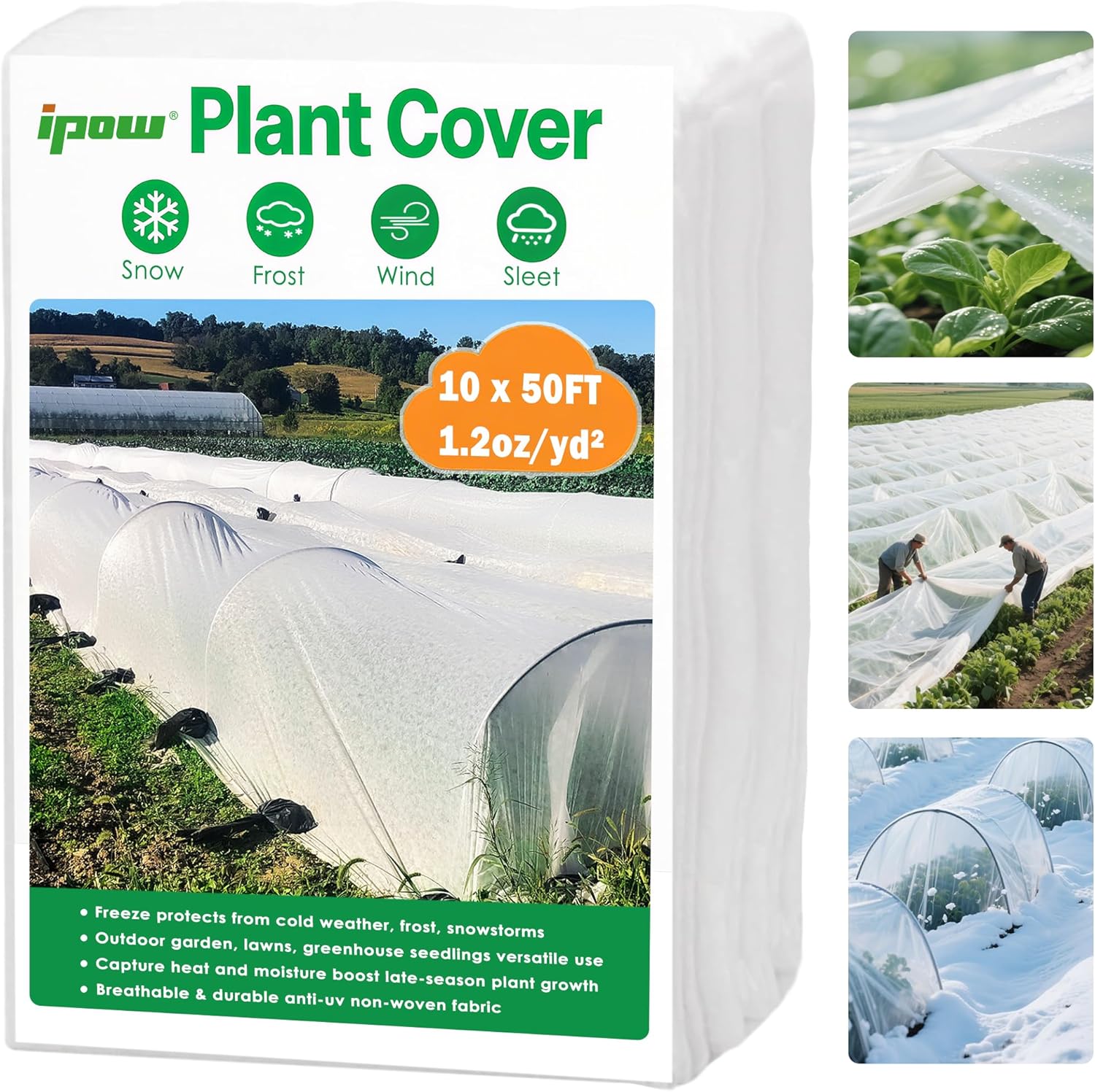 10 FT x 50 FT Plant Covers for Frost  Sun Protection, Thick 1.2 oz/yd² Frost Cloths Blankets to Extreme Low -4 °F Temperatures, Reusable Floating Row Covers for Outdoor Garden Vegetables Seedlings