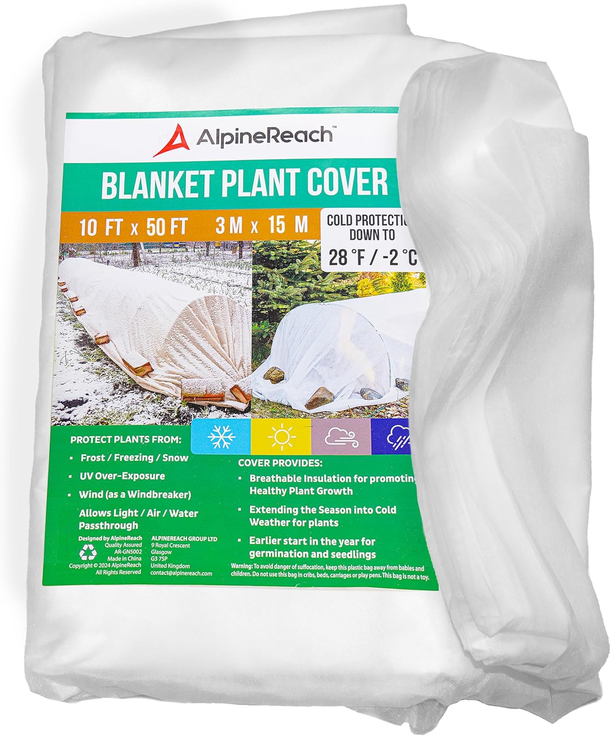 AlpineReach Plant Covers Frost  Sun Protection 10 x 30 ft - Thick 1.2 oz/yd² Freeze Blanket to Low 28 °F Temperatures Floating Row, Garden Fabric Material, Protect in Winter Cold, Gardening Down