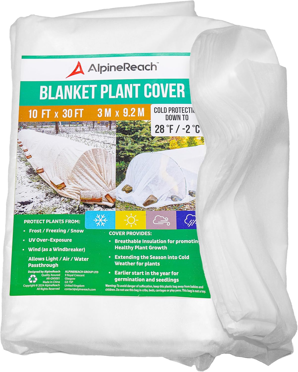 AlpineReach Plant Covers Frost  Sun Protection 10 x 30 ft - Thick 1.2 oz/yd² Freeze Blanket to Low 28 °F Temperatures Floating Row, Garden Fabric Material, Protect in Winter Cold, Gardening Down