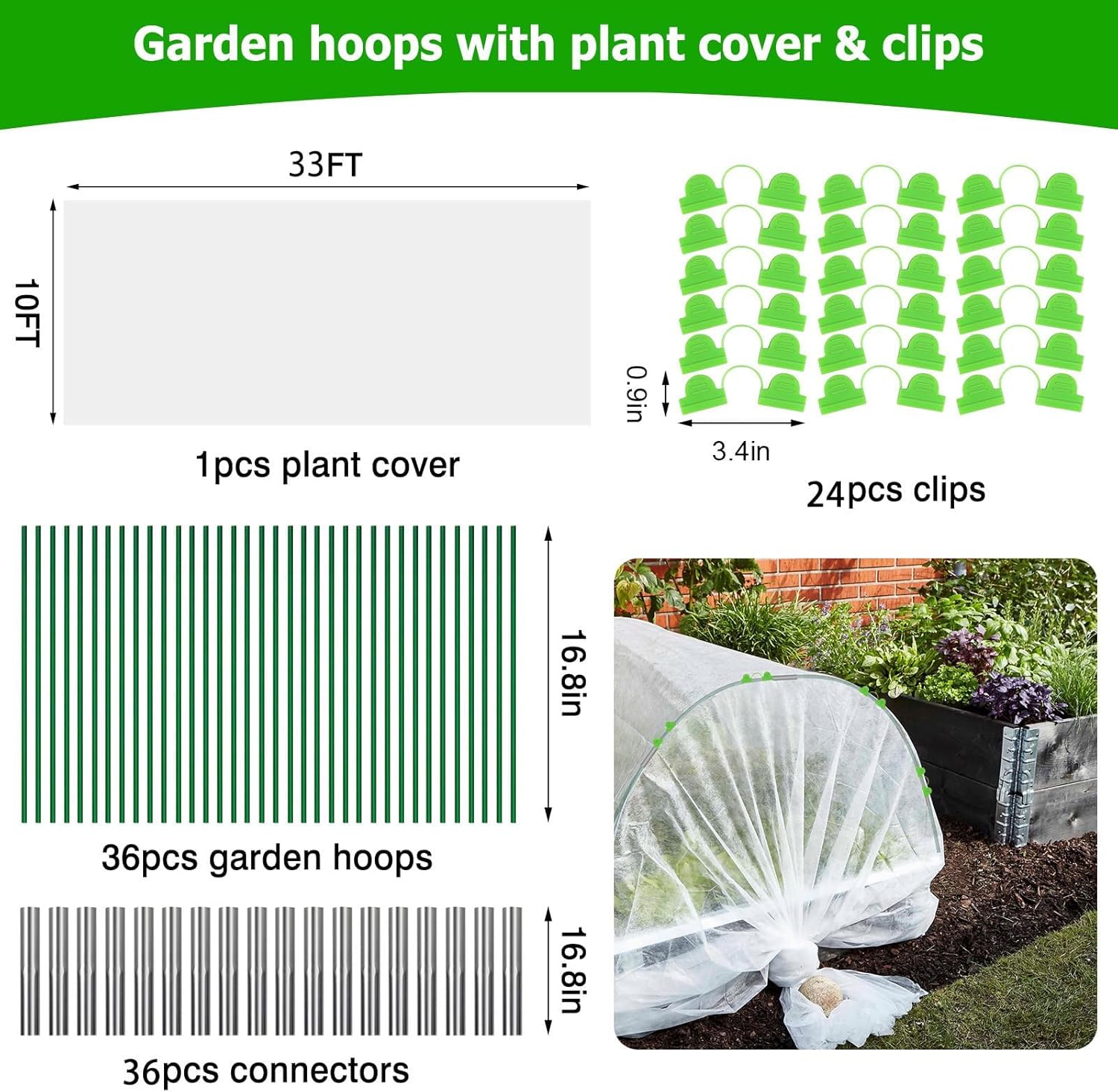 Plant Cover Freeze Protection 10x33ft Garden Hoops Kit for Winter, Fabric Floating Row Cover Frost Cloth Outdoor Plant Blanket for Frost Snow Protection, Greenhouse Garden Tunnel Hoops for Raised Beds