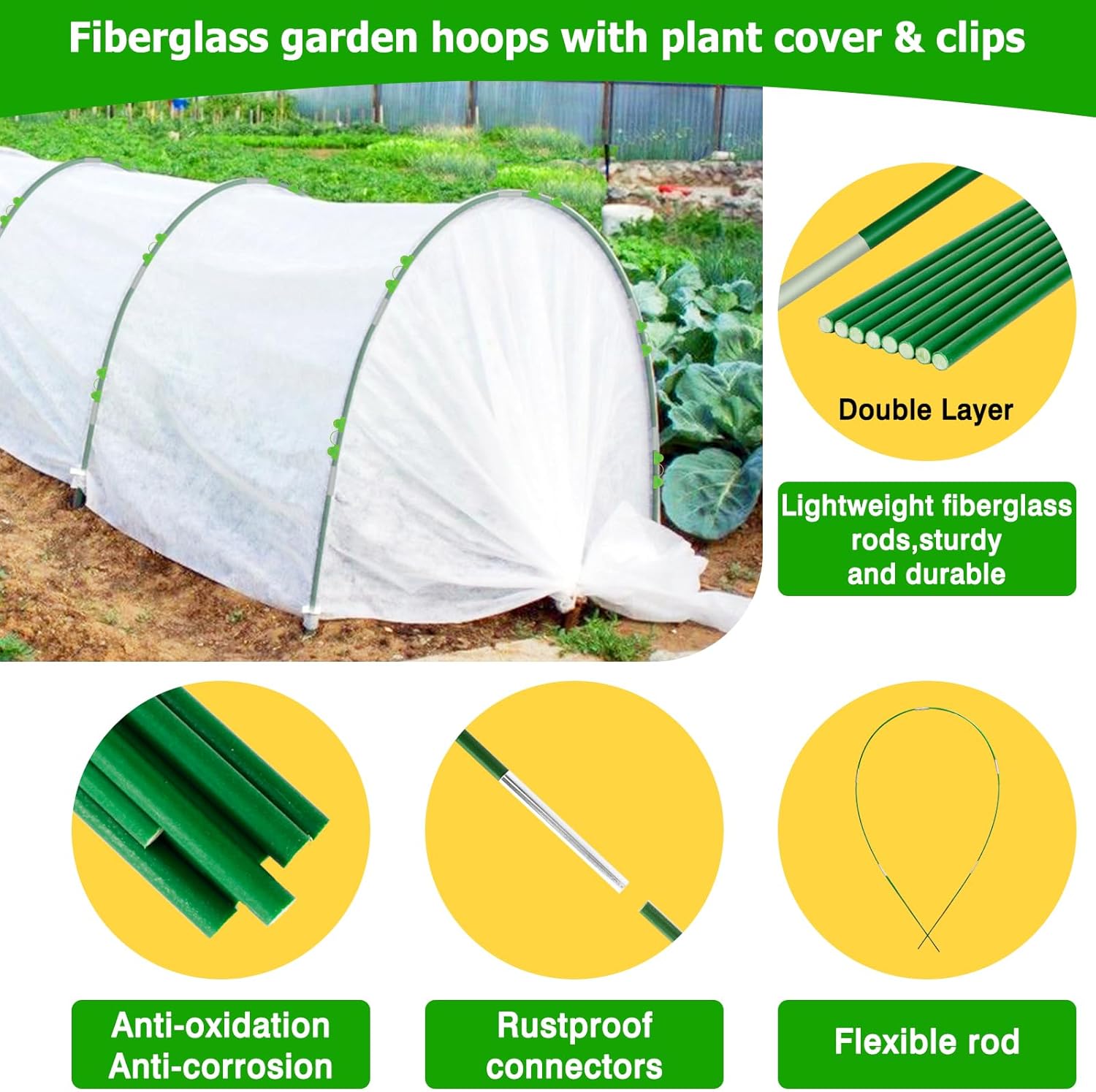 Plant Cover Freeze Protection 10x33ft Garden Hoops Kit for Winter, Fabric Floating Row Cover Frost Cloth Outdoor Plant Blanket for Frost Snow Protection, Greenhouse Garden Tunnel Hoops for Raised Beds