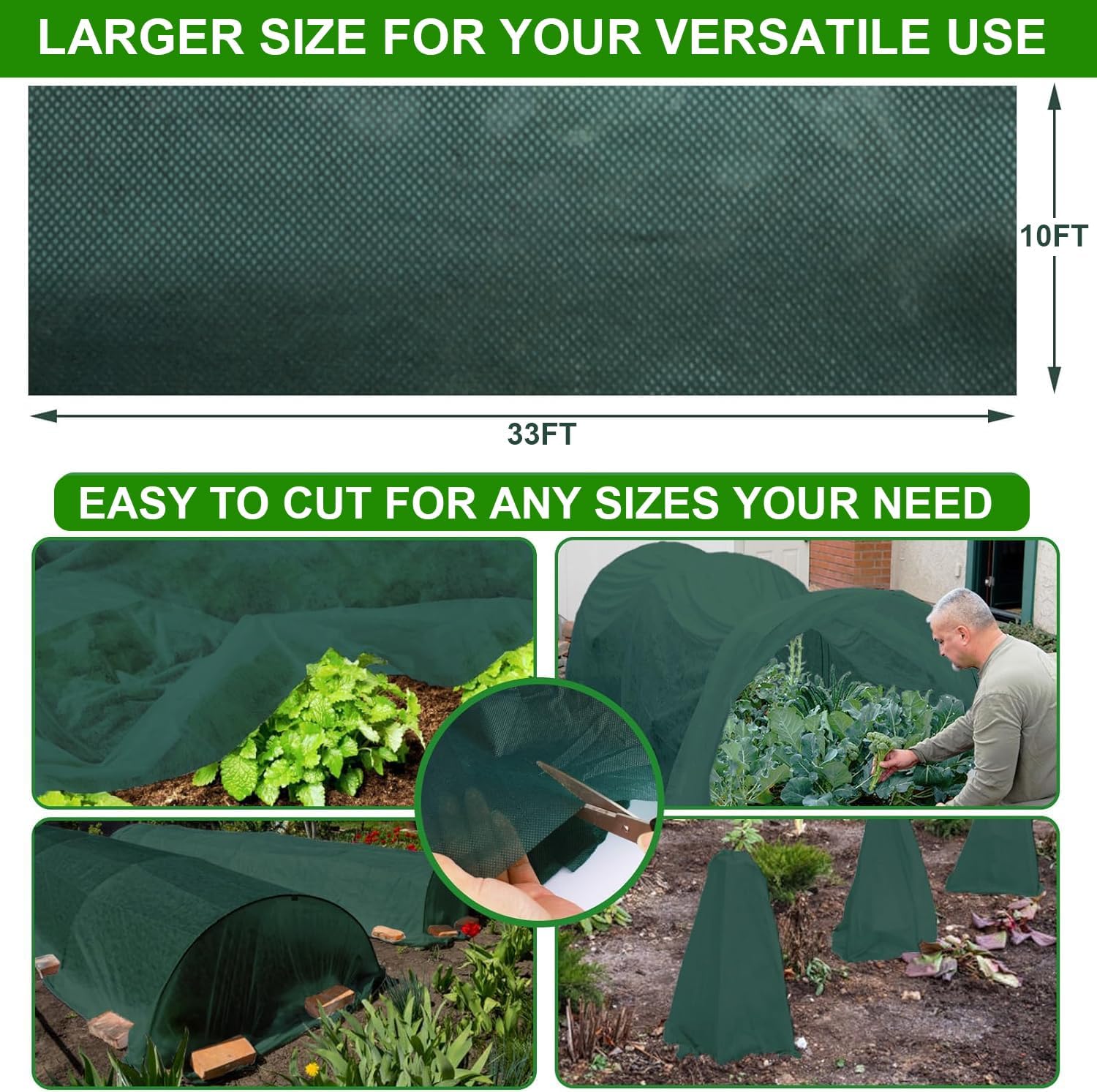 Plant Cover Freeze Protection, 33FT x 10FT Green Floating Row Cover Garden Fabric Plant Protector for Winter Frost Blanket Sun Pest Protection Tree Wraps Vegetable Shade Cloth for Greenhouse