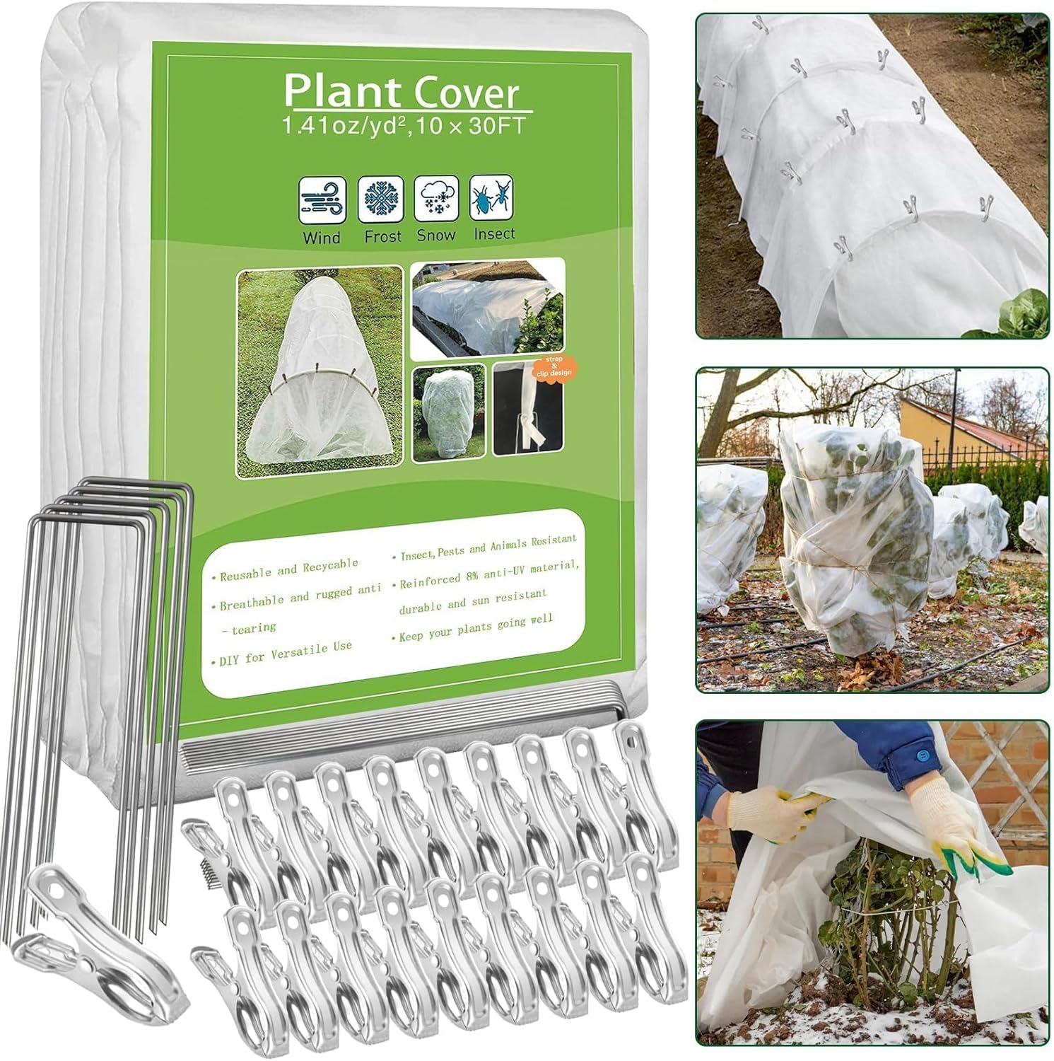 Plant Covers Freeze Protection, 10ft x 30ft 1.41 oz/yd² Frost Cloth Plant Blankets Floating Row Covers with 20 Stainless Steel Clips for Winter Plants Gardens Frost/Sun Pests Protection, Dark Green