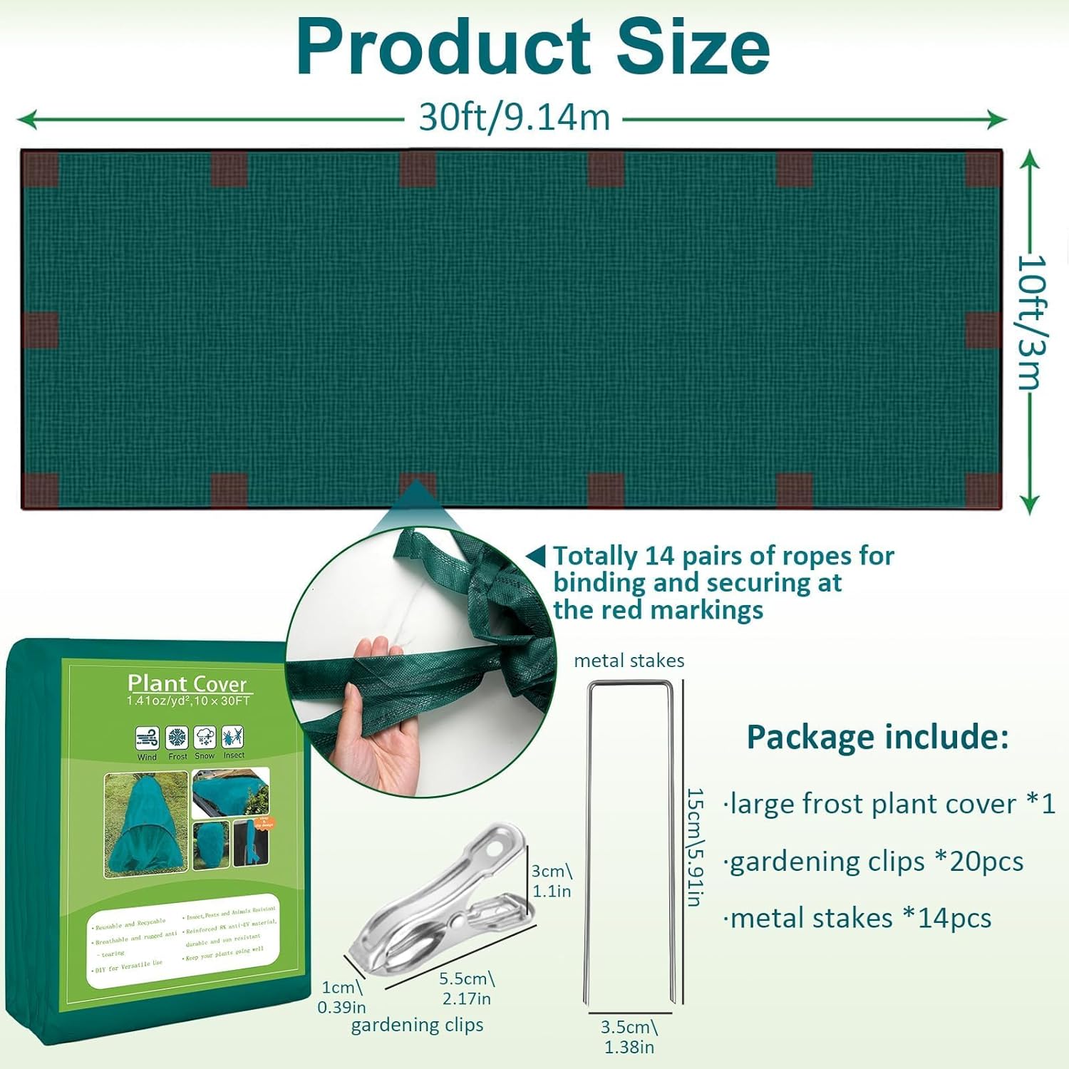 Plant Covers Freeze Protection, 10ft x 30ft 1.41 oz/yd² Frost Cloth Plant Blankets Floating Row Covers with 20 Stainless Steel Clips for Winter Plants Gardens Frost/Sun Pests Protection, Dark Green