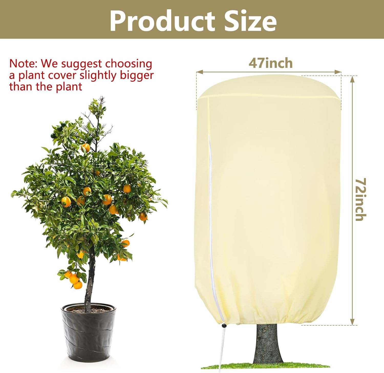 2 Pack Rounded Top Plant Covers Freeze Protection for Winter, Plant Covers for Winter, 47 X 72 Tree Frost Protection Blankets Outdoor With Zipper/Drawstring, for Shrub Bush Fruit Tree Potte(White)