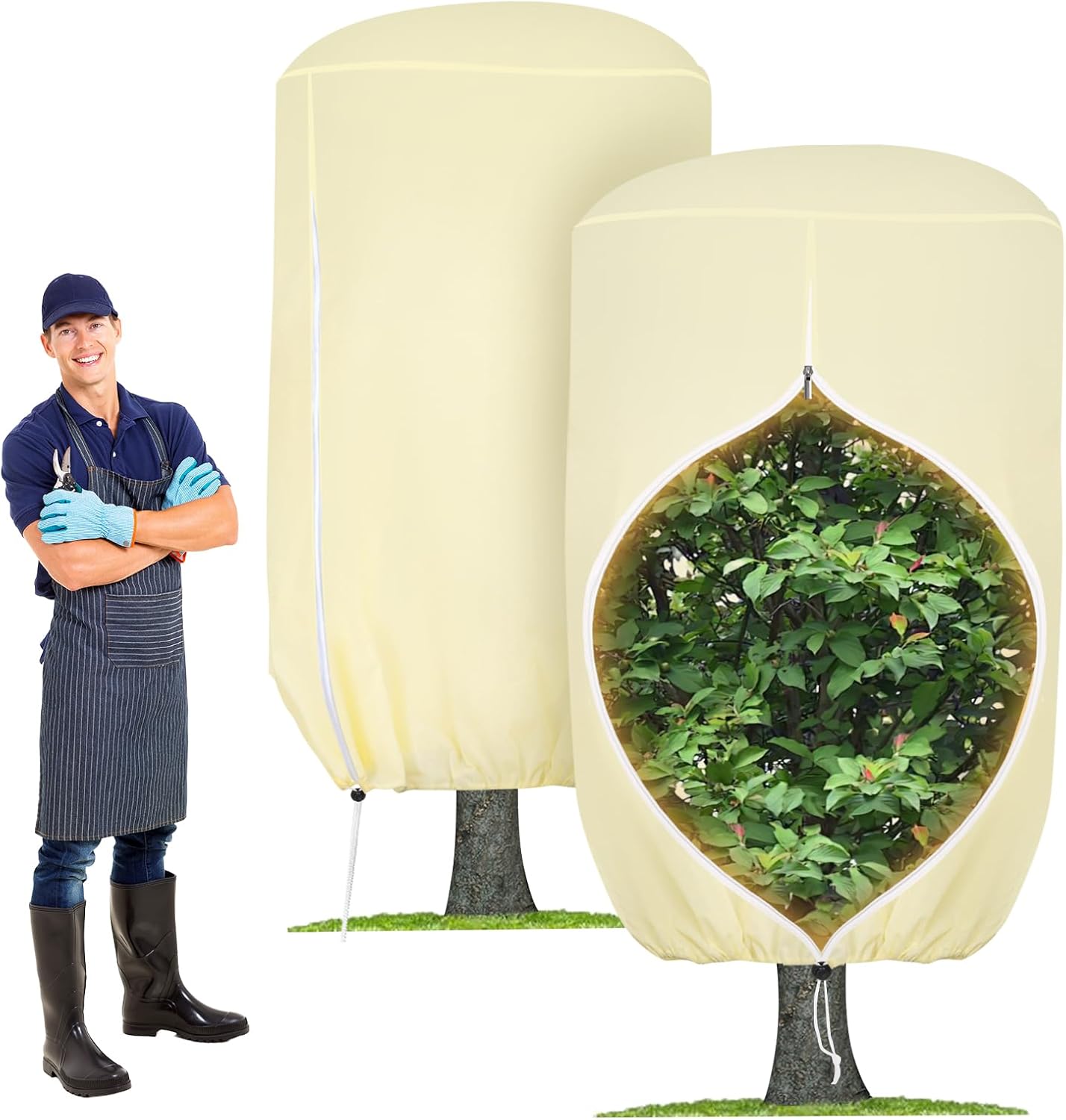 2 Pack Rounded Top Plant Covers Freeze Protection for Winter, Plant Covers for Winter, 47 X 72 Tree Frost Protection Blankets Outdoor With Zipper/Drawstring, for Shrub Bush Fruit Tree Potte(White)