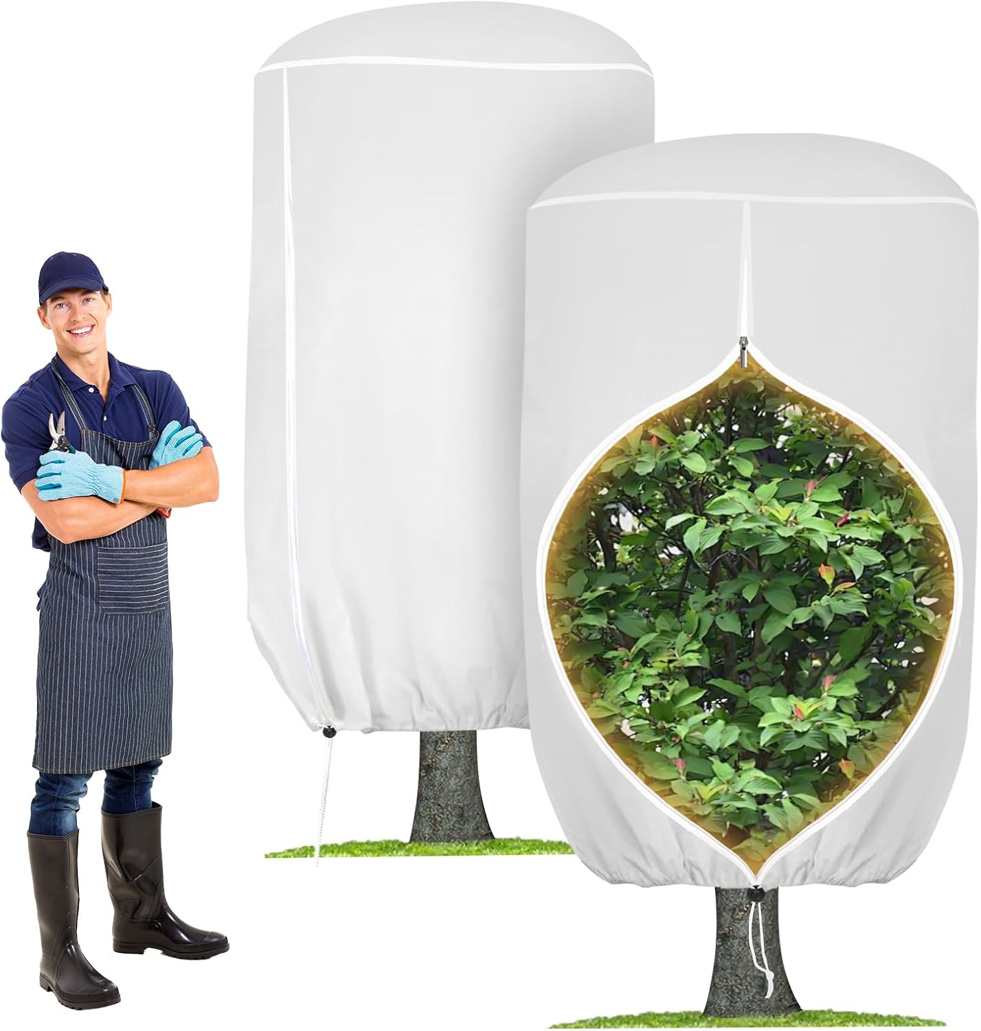 2 Pack Rounded Top Plant Covers Freeze Protection for Winter, Plant Covers for Winter, 47 X 72 Tree Frost Protection Blankets Outdoor With Zipper/Drawstring, for Shrub Bush Fruit Tree Potte(White)