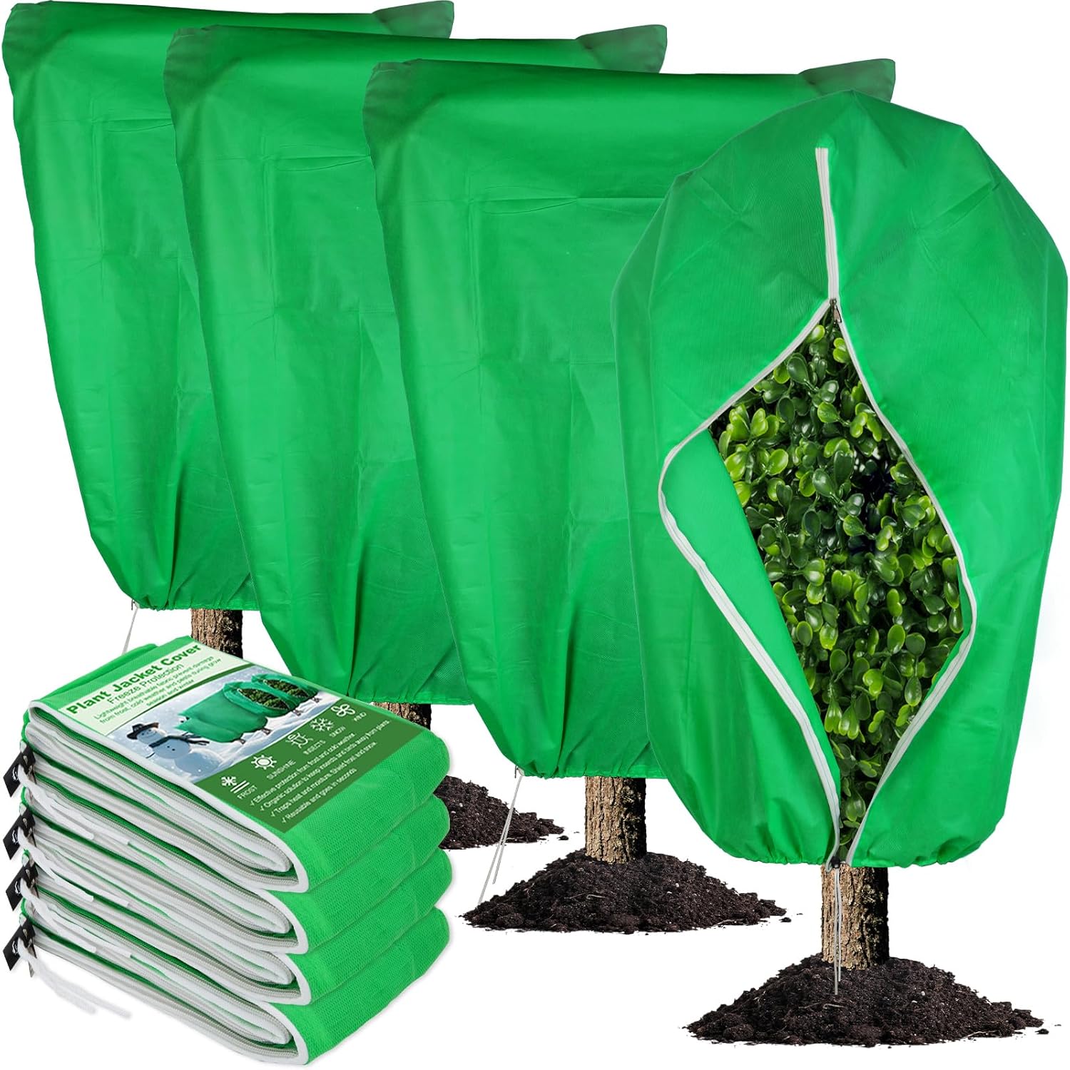 4 Pack Plant Covers Freeze Protection 31.5 x 47 - 2.2oz Trees Covers Frost Blanket Plant Frost Cloth for Outdoor Plants Shrubs Flower Fruit with Zipper Drawstring Green