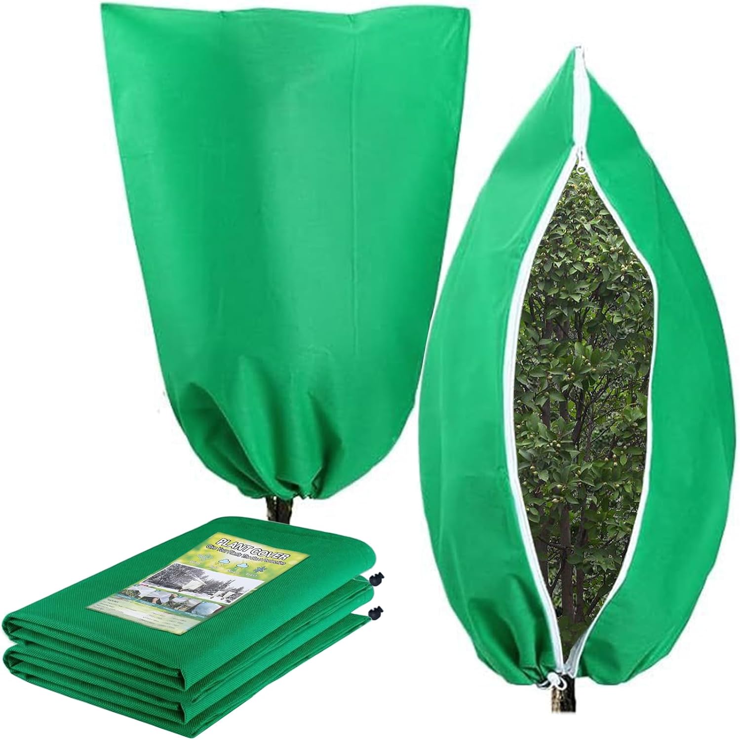 Plant Covers Freeze Protection, 2 Pack 47.3×71 Frost Cloth with Zipper Drawstring, Shrub Covers for Winter, Tree Covers Freeze Protection, Frost Blankets for Outdoor Plants Tree Potted, Green