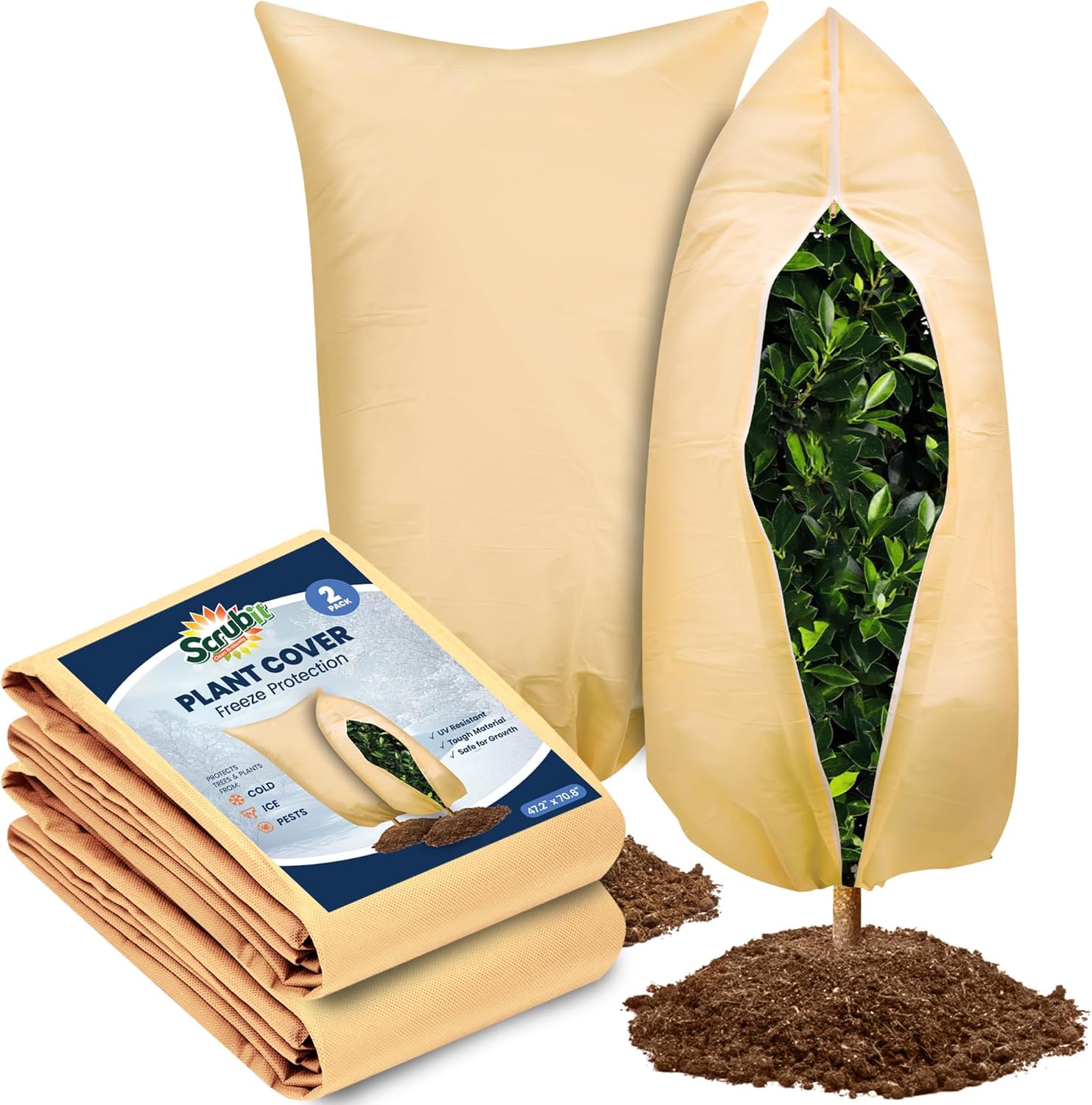 SCRUBIT Plant Covers Freeze Protection, 60 x 70 in. Frost Cloths for Outdoor Plants Fruit Trees Shrubs with Zipper and Drawstring, Thick Winter Plant Covers - 2 Pack Tree Frost Blankets SCRUBIT Plant Covers Freeze Protection, 60 x 70 in. Frost Cloths for Outdoor Plants Fruit Trees Shrubs with Zipper and Drawstring, Thick Winter Plant Covers - 2 Pack Tree Frost Blankets