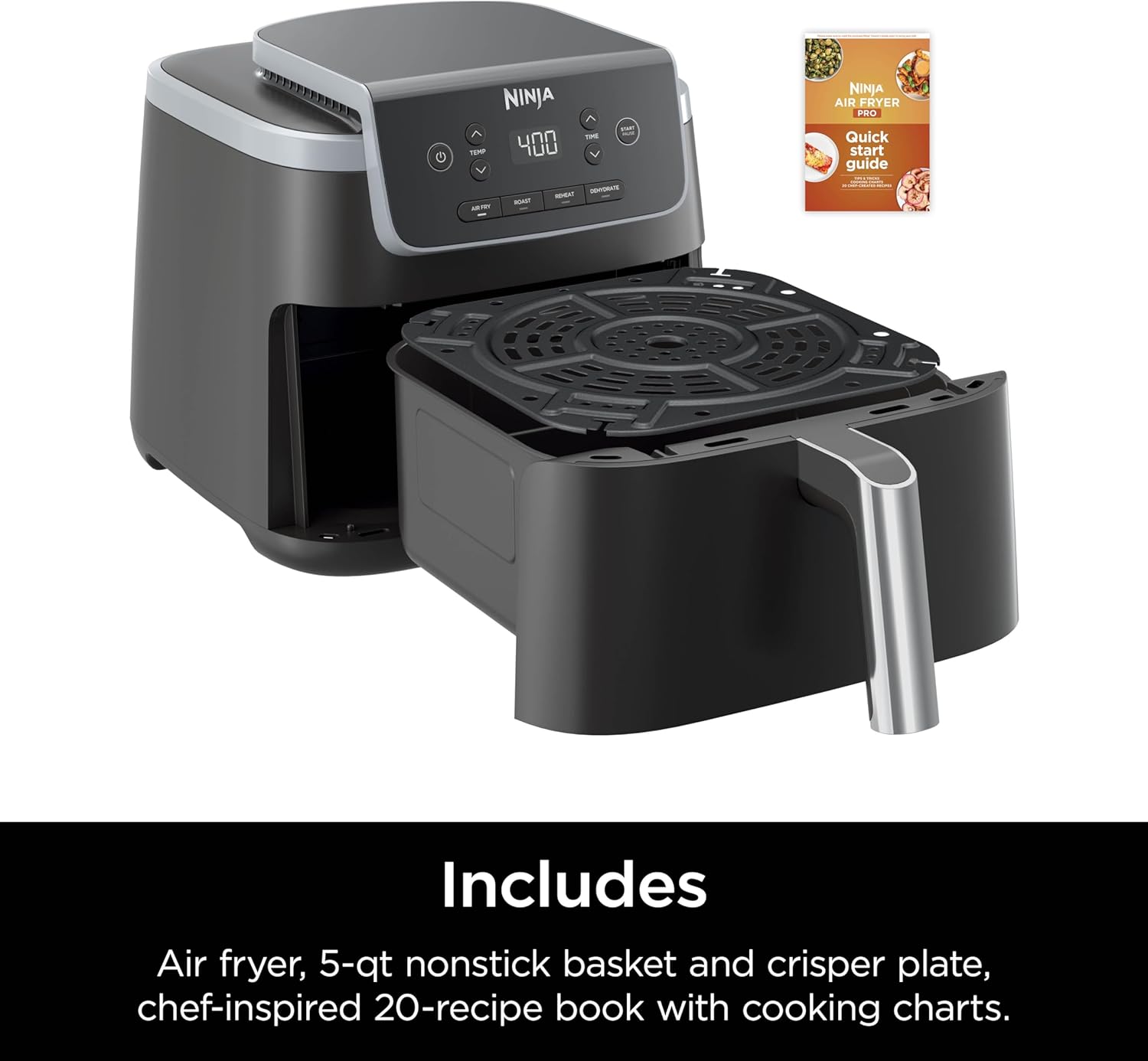 Ninja | Air Fryer | 4-in-1 Pro Air Fry, Roast, Reheat, Dehydrate | 5QT Capacity fits up to 4lbs of French Fries | 400F Max Temp | Nonstick Basket  Crisper Plate | 120V | Grey | AF141