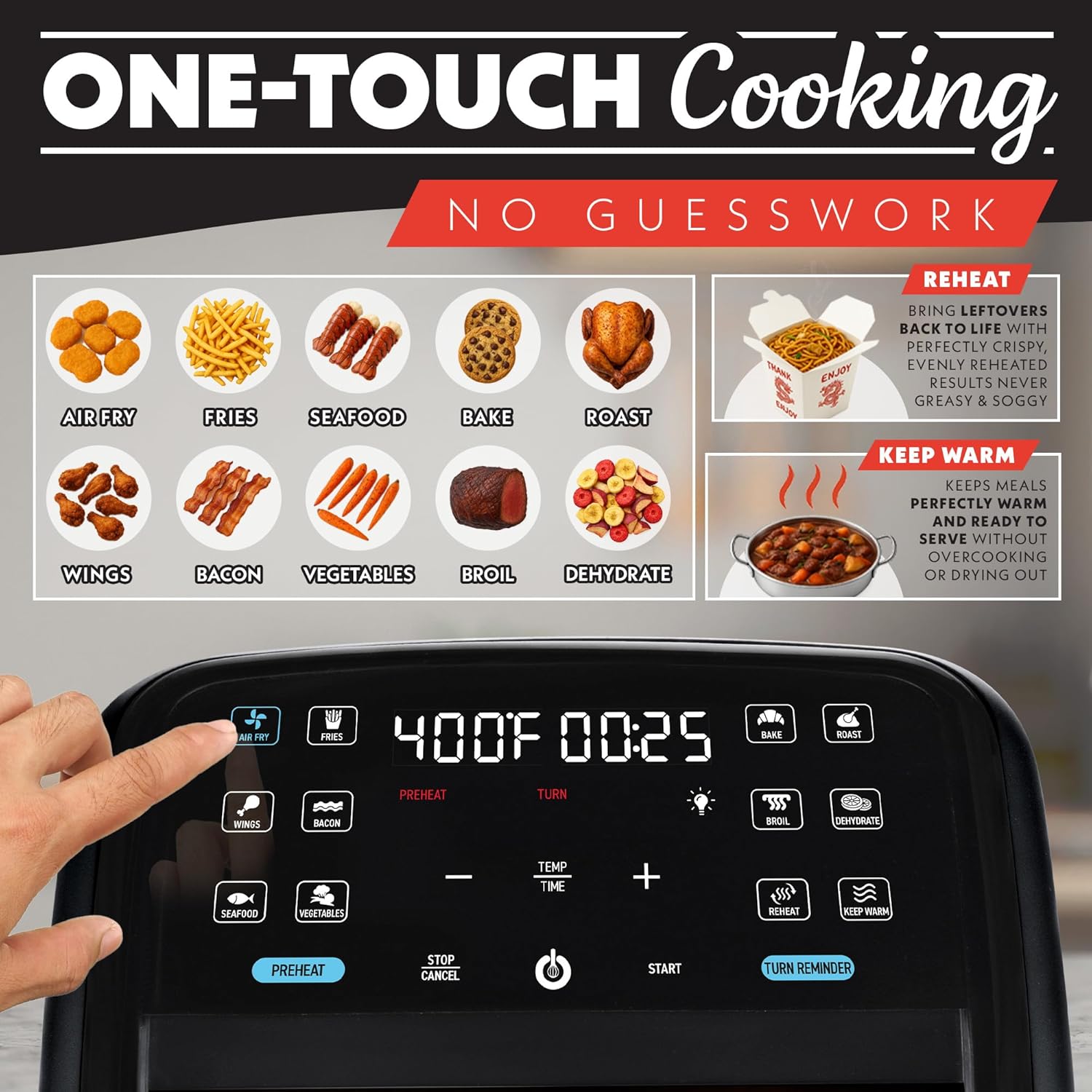 Gourmia Air Fryer 7 QT - Easy View Panoramic Window  Interior Light, Guided Cooking with 12 One-Touch Presets, FryForce 360, Dishwasher Safe Accessories, Black