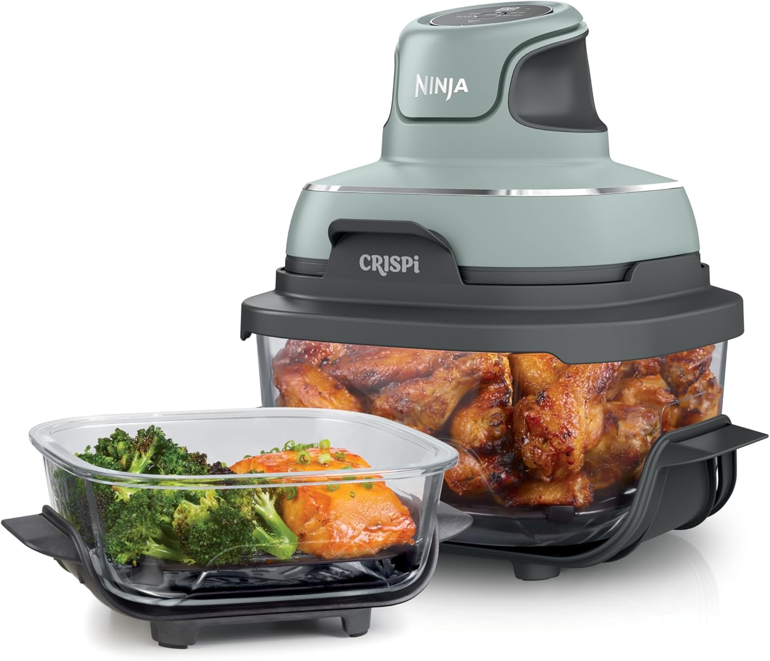 Ninja Crispi 4-in-1 Glass Air Fryer | 450°F | Non-Toxic | 4QT  6-Cup Glass Containers w/Lids | Microwave, Freezer, Dishwasher Safe | Max Crisp, Air Fry, Bake, Recrisp | Green | FN101SG