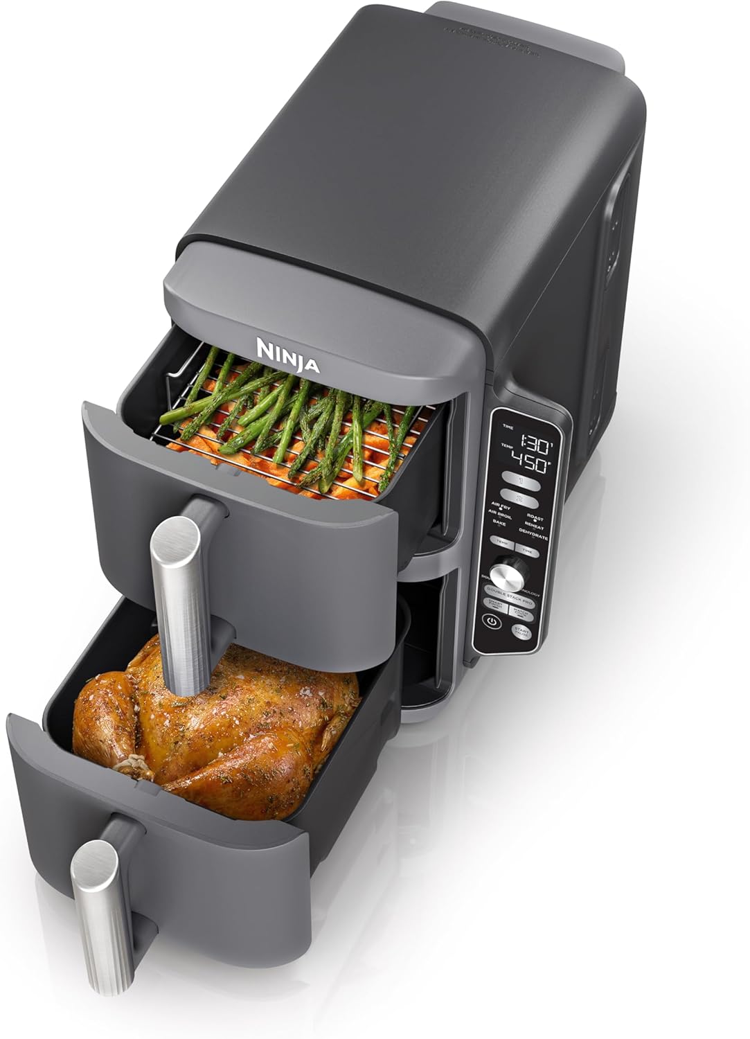 Ninja Air Fryer, 10QT DoubleStack XL 2-Basket, Compact Design, Cooks 5lb Whole Chicken, Feeds Up to 8 People, 6-in-1 Air Fryer, Roast, Bake  More, Easy to Clean, Dishwasher Safe Parts, Grey, SL401