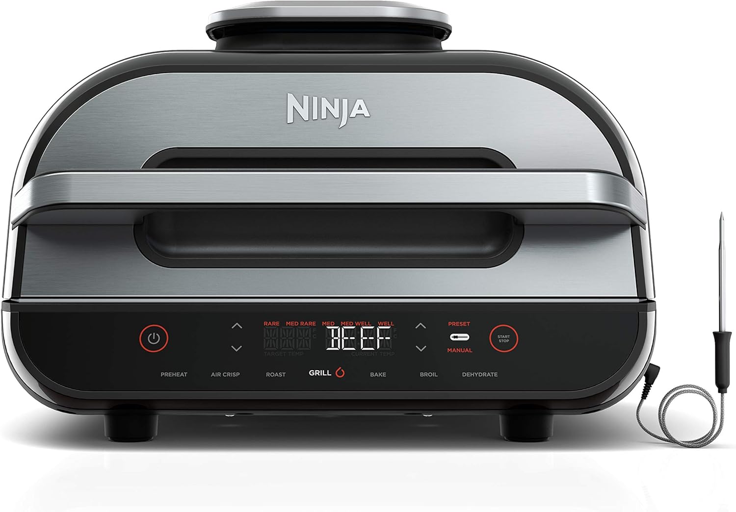 Ninja | Indoor Grill and Air Fryer| Foodi Smart XL | 6-in-1 Grill, Air Fry, Roast, Bake, Broil, Dehydrate Crisp |Smart Thermometer Splatter Shield | Dishwasher Safe Parts | Black/Silver | FG551 Ninja | Indoor Grill and Air Fryer| Foodi Smart XL | 6-in-1 Grill, Air Fry, Roast, Bake, Broil, Dehydrate Crisp |Smart Thermometer Splatter Shield | Dishwasher Safe Parts | Black/Silver | FG551